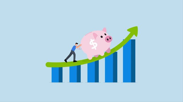 investment profit, 4k animation of Wealthy entrepreneur propels large piggy bank along upward trending graph and chart