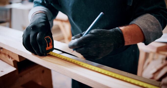 Person, hands and carpenter with measuring tape for lumber project, furniture or accuracy in workshop. Man, measurement or pencil marking on wood plank for timber fit, precision skill or dimension