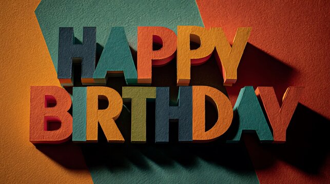 Paper art banner with "Happy Birthday" letters composed of layered paper in strong contrasting hues, abstract background with sharp color divisions, controlled lighting with high contrast shadows, sli