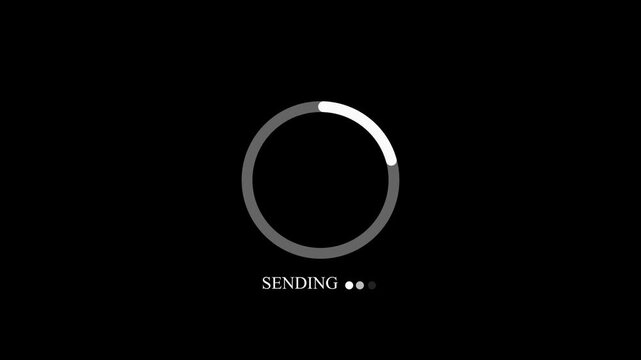 Minimalist Sending status animation with white circular loader on black background , with video animation.