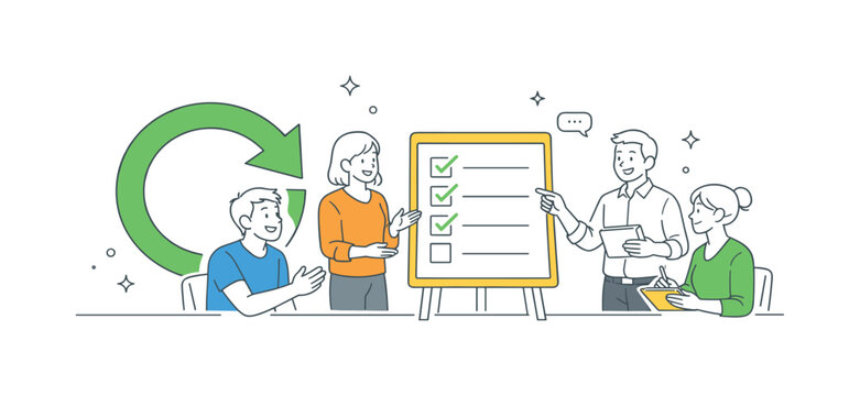 Team organizing shared priorities after rapid project changes and restoring structured focus together during a calm realignment meeting in a modern office