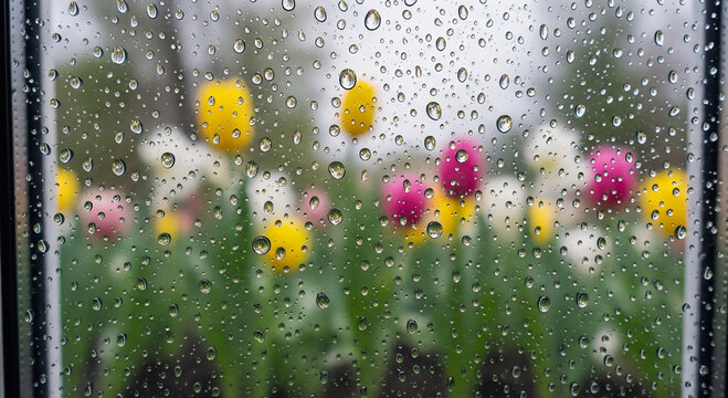 Spring Rain on Window with Floral Background