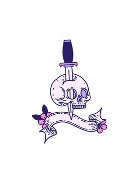 spinning motion animation of cartoon of a traditional tattoo with banner of a skull