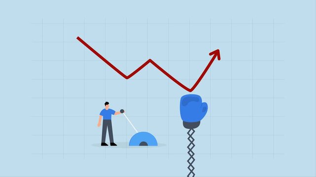 Game changer strategy to improve, 4k animation of Entrepreneur switches direction from descending to ascending by pressing button.
