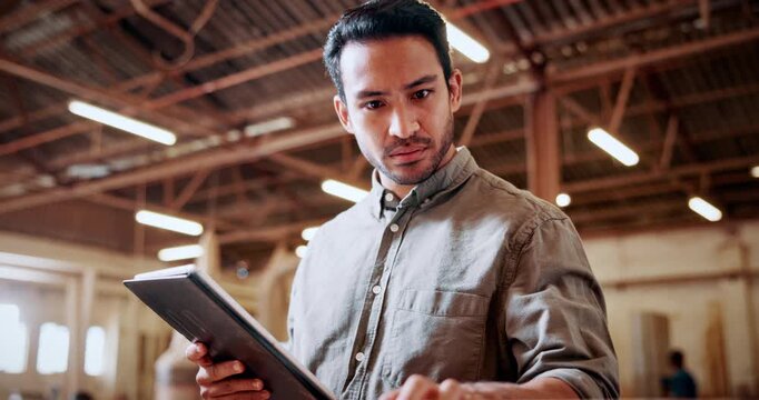 Woodwork, inventory or man with tablet in workshop for wood quality control, material count or update. Manufacturing, carpenter and tech for stock inspection, timber management and backlog evaluation