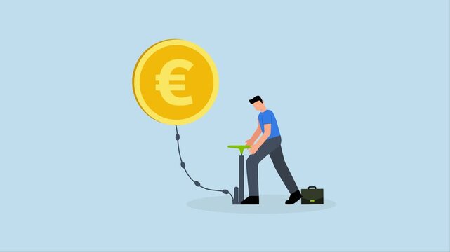 Inflation in Europe causing by energy shortage, 4k animation of Businessperson uses air pump to inflate floating Euro currency coin