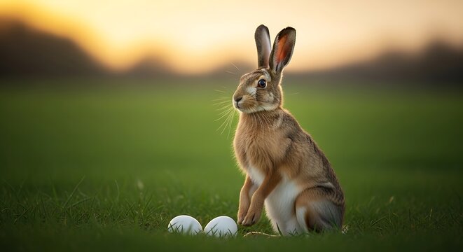 A brown hare sitting on a green field with easter eggs at sunset