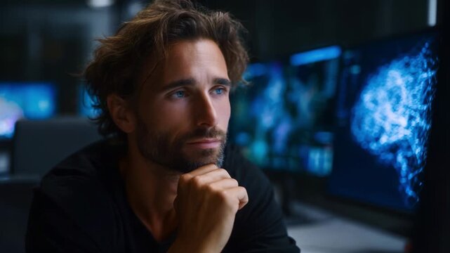 Contemplative man focused on technology in a dimly lit environment surrounded by multiple monitors displaying intricate data visualizations and graphics
