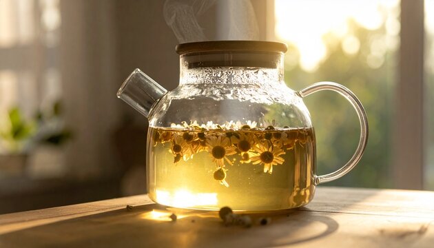 Chamomile Tea in Glass Teapot with Natural Light.