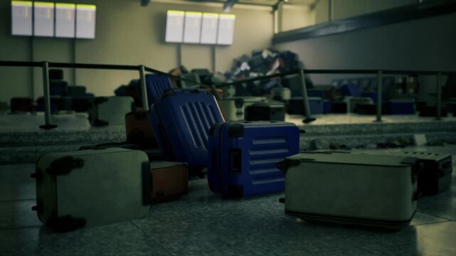 overflowing lost and found scattered luggage under pale lights, visible tag details, dusty floor and mixed carryons, administrative backlog and customer