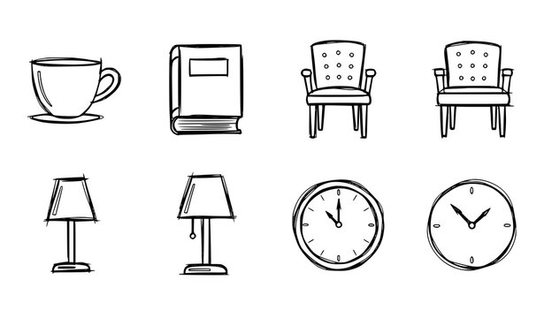 Pencil Sketch Everyday Objects Line Icon Set