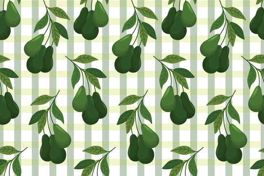 Seamless pattern featuring avocado fruits with leaves on branches over a soft green gingham background