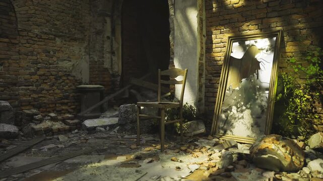 sunlit arch framing rubblestrewn floor, fragments of carved brick and stone, narrow shaft of daylight revealing dust and moss, quiet echo of former structure,