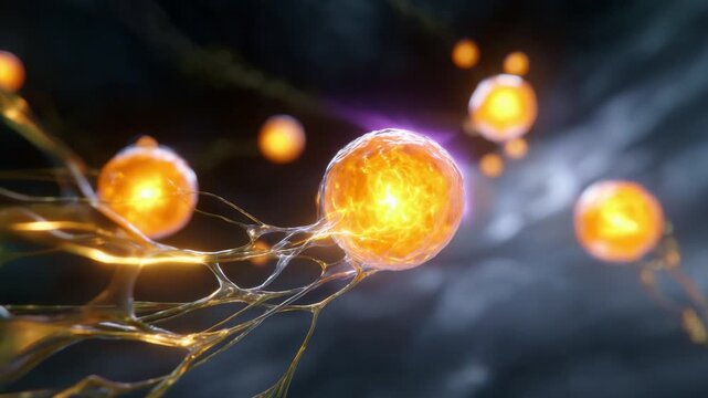 Close-Up View of Pulsating Neural Cells with Glowing Orange Centers and Delicate Network of Nerve Fibers, Representing Brain Activity and Synaptic Connections