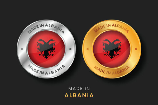 Glossy metallic gold and silver badges with the eagle flag of Albania. Vector seal for Albanian products, export quality, and national manufacturing origin for international trade.