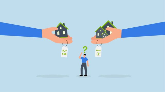 House buy or rent, 4k animation of Businessman is uncertain whether to purchase or lease a home