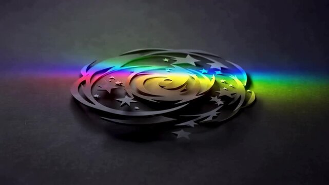 Dark 3D animated star and swirl logo with a vibrant rainbow light leak effect across the surface.