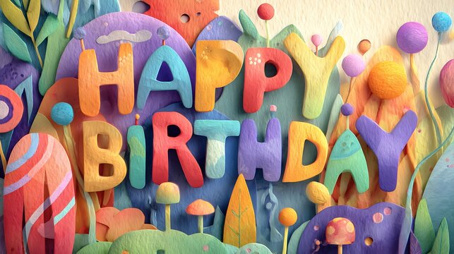 Paper art banner with "Happy Birthday" letters formed from whimsical paper shapes in vibrant colors, playful environment with abstract childlike elements, soft diffused lighting with bright tones, wid