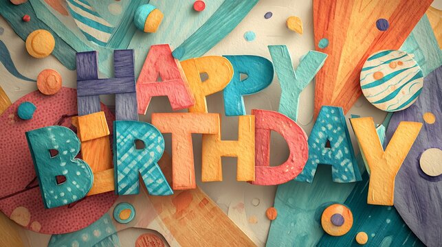 Paper art banner with "Happy Birthday" letters formed from whimsical paper shapes in vibrant colors, playful environment with abstract childlike elements, soft diffused lighting with bright tones, wid
