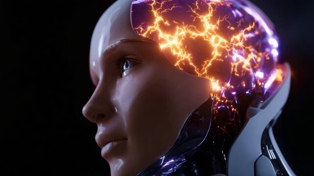 A close-up view of a humanoid robot's head showcasing the intricacies of its neural pathways illuminated by vibrant electric sparks against a dark backdrop.