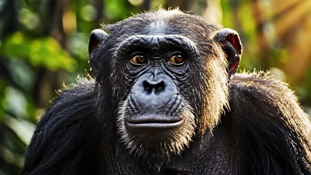 Close-up side profile of a common chimpanzee with dark fur and a surprised expression looking away in a lush forest with warm sunlight highlighting its features and ears.