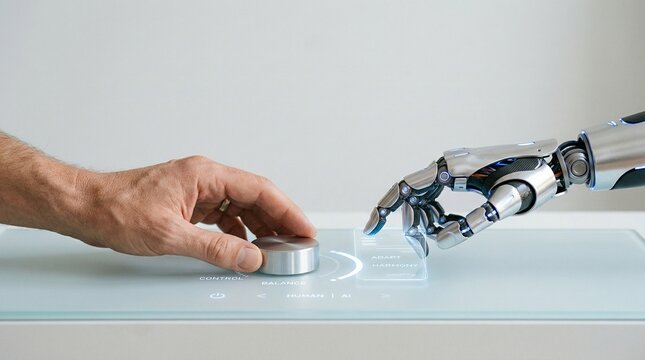 Close up of a human hand and a robotic cyborg hand interacting with a futuristic digital interface panel. Concept of artificial intelligence, human-robot collaboration, and advanced technology