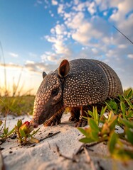 Obraz premium A close-up view of an armadillo on sand amidst vegetation with a cloudy, blue sky