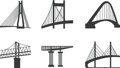 Fototapeta premium Bridge silhouette vector set with suspension and arch structures, construction infrastructure icons for transport design