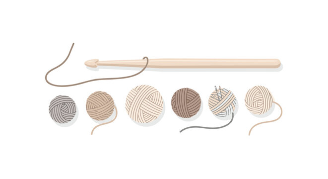 A wooden crochet hook is placed above a row of seven yarn balls in various neutral tones on a white background.