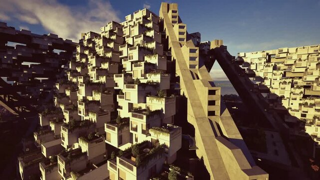 Utopian modular community in sunset, terraces and balconies catching warm light, hints of rooftop greenery and softened concrete edges, architects rendering