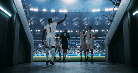 Male Soccer Players Stride From the Stadium Tunnel Onto the Game Field, Crowd Cheering World Championship Match Game at a Major Professional Arena Event. © Gorodenkoff