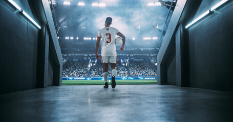 Male Soccer Player Carries the Match Game Ball From the Stadium Tunnel Toward the Field Before an International League Final, Worldwide Tournament Cup League Event. © Gorodenkoff
