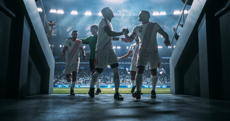 Professional Male Soccer Players Emerge From the Stadium Tunnel and Greet Each Other Before Kickoff, Entering the Pitch for an International Championship Match Game in a Packed World Football Arena. © Gorodenkoff