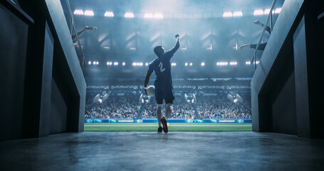 Black Male Soccer Player Carries the Ball From the Stadium Tunnel and Raises His Arm to Supporters Before an International Football Championship Match, Scale and Professionalism of a World Event. © Gorodenkoff