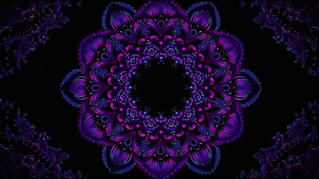 Mesmerizing digital art mandala showcases intricate symmetrical patterns in vibrant violet and sapphire hues, evoking a dynamic visual journey and profound spiritual depth