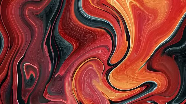 Vibrant abstract fluid art with swirling red and orange patterns