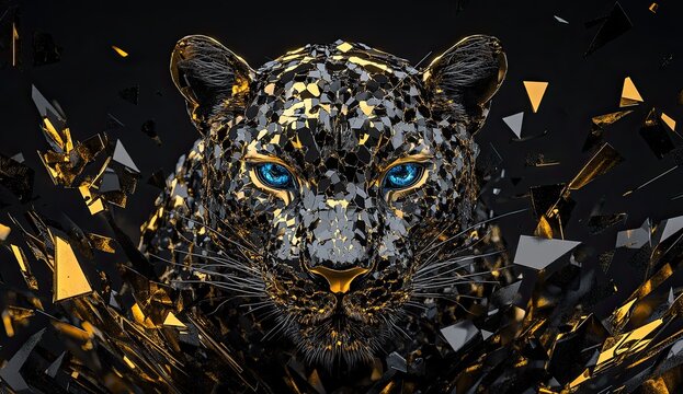 Fragmented leopard head with blue eyes exploding into golden and black shards on a dark background