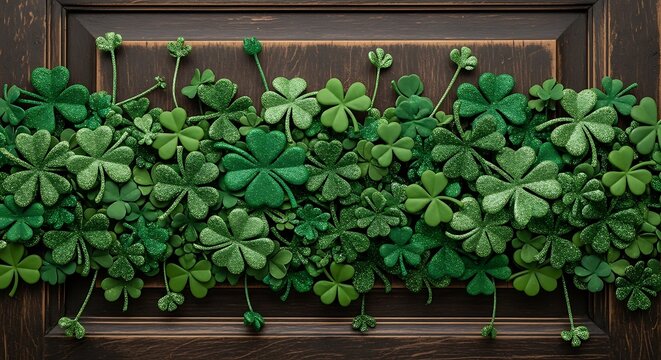 Abundant Green Shamrocks and Clover Leaves Border on Dark Wood photo image