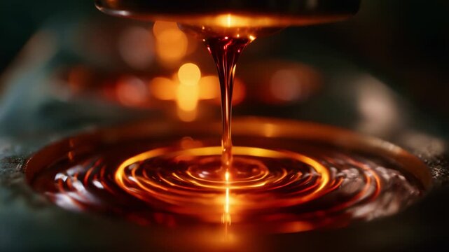 High-Precision Close-Up of Glimmering Molten Liquid Dripping and Forming Circular Patterns in an Industrial Setting with an Orange Glow