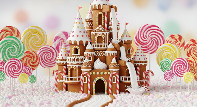 Magical gingerbread castels in whimsical candy land