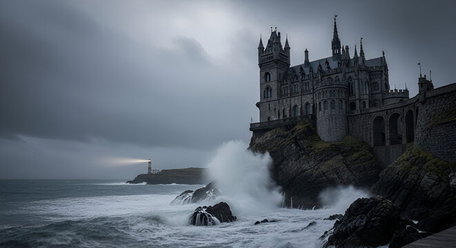 Gothic castels on a rugged cliff overlooking a stormy ocean
