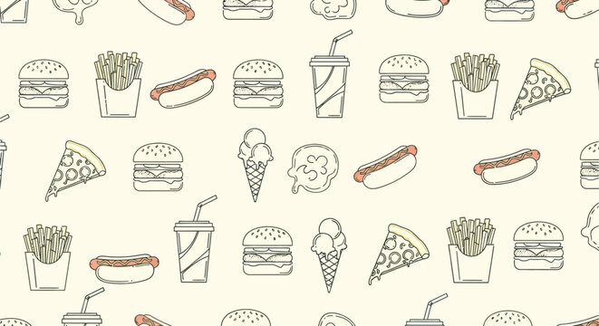 Seamless pattern of hand-drawn fast food items including burgers, hot dogs, fries, pizza, soda, and ice cream on a light background.