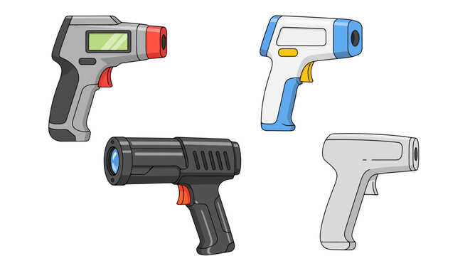 Set of non-contact infrared digital thermometer guns for medical temperature scanning, infrared laser thermometer icons isolated on white background