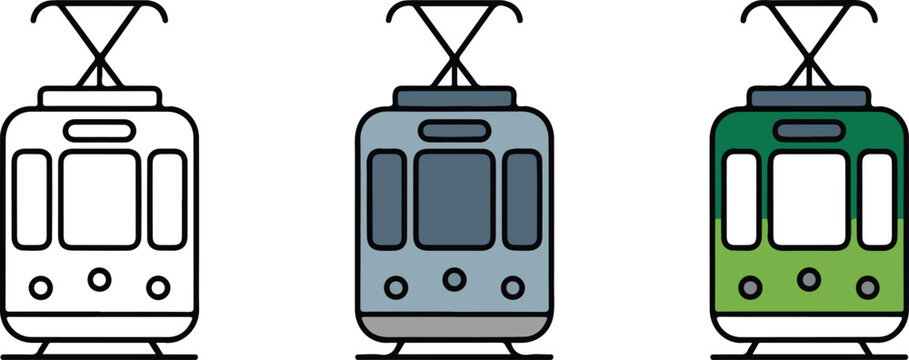 Tram vector icon set featuring minimalist light rail vehicle for urban public transportation city commute and electric streetcar transit system design.