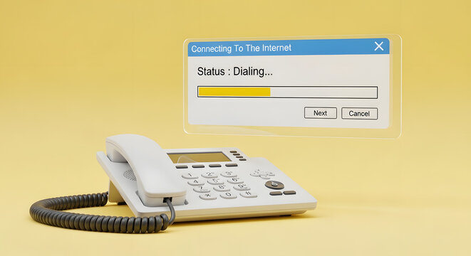 Retro Dial-Up Internet Connection Concept with Vintage Landline Telephone and Digital Progress Bar Window on Yellow Background for Technology Marketing, Communication History, and Nostalgic Web