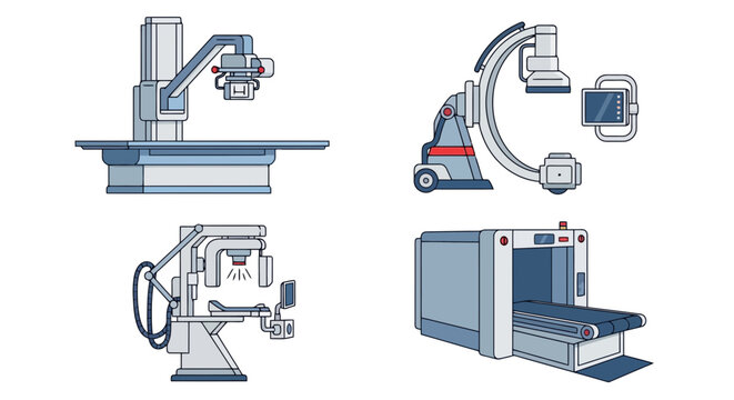 Medical Imaging Equipment Illustration Set Featuring X-ray Machine, C-arm Fluoroscopy, and MRI Diagnostic Scanner