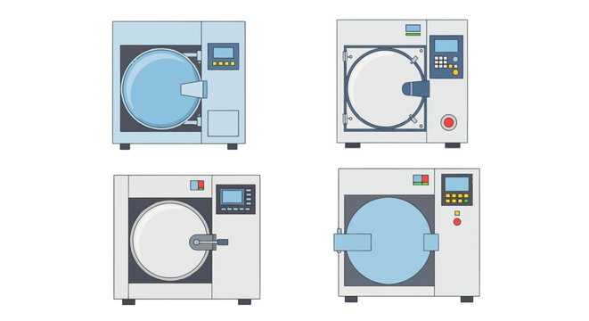 Set of medical autoclave machine vector illustrations for laboratory and hospital sterilization