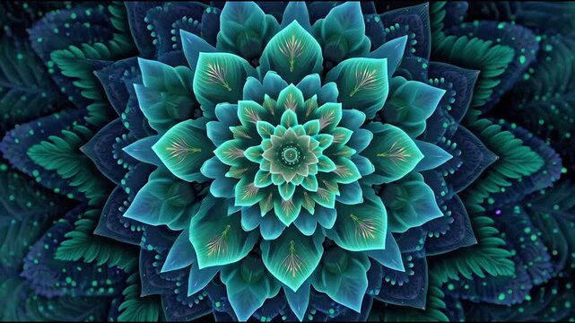 Abstract Teal and Blue Fractal Lotus Flower Mandala Design