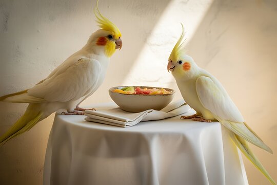 Two white cockatiels on a table with a bowl of food