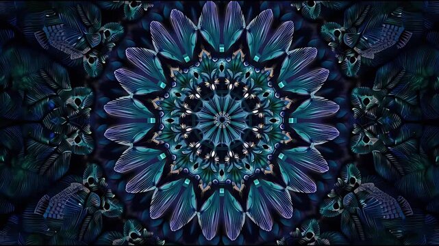 Mesmerizing symmetrical kaleidoscope pattern in vibrant jewel tones, creating an intricate abstract design that evokes cosmic mystery and dynamic, flowing beauty